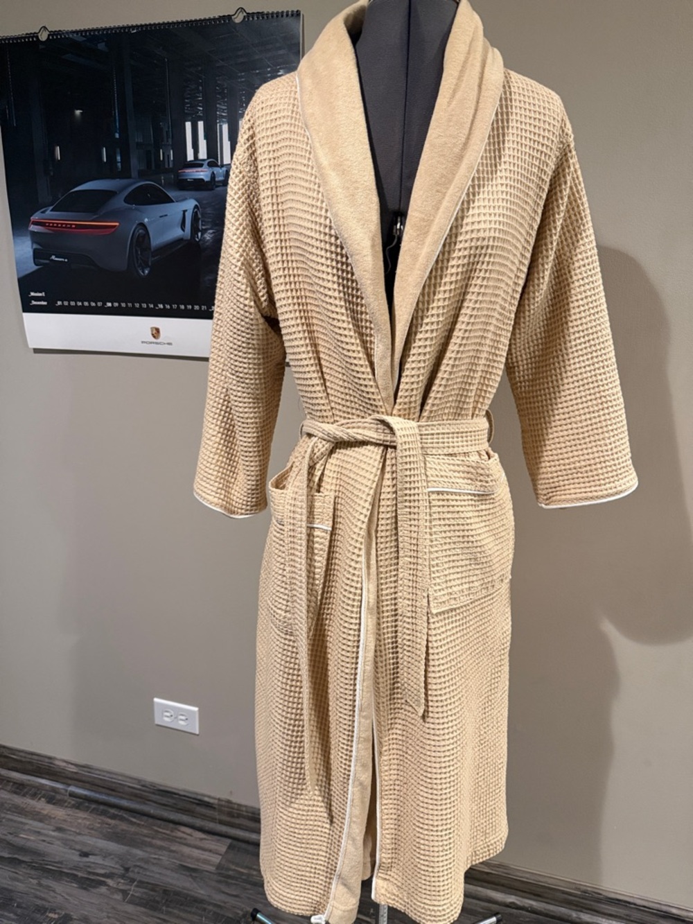 Waffle Weave Shawl Collar Robe in Beige - Women